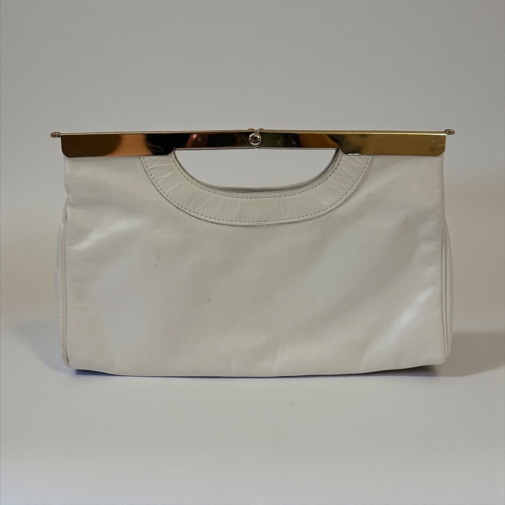 Vintage Letisse White Leather Clutch Bag Gold Metal Frame Handle 12x8